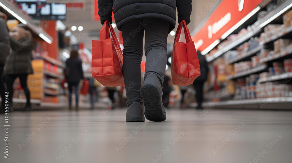 Obraz premium Grocery Shopping: Person with Bags in Supermarket