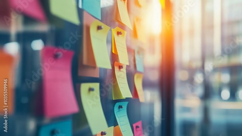 Sticky Notes A-Board, a vibrant display of colorful sticky notes arranged on a wooden A-board, showcasing ideas, reminders, and creativity in an office setting.