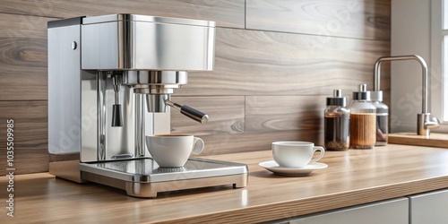 A gleaming stainless steel espresso machine sits on a wooden countertop, a fresh cup of espresso ready for a perfect morning pick-me-up.