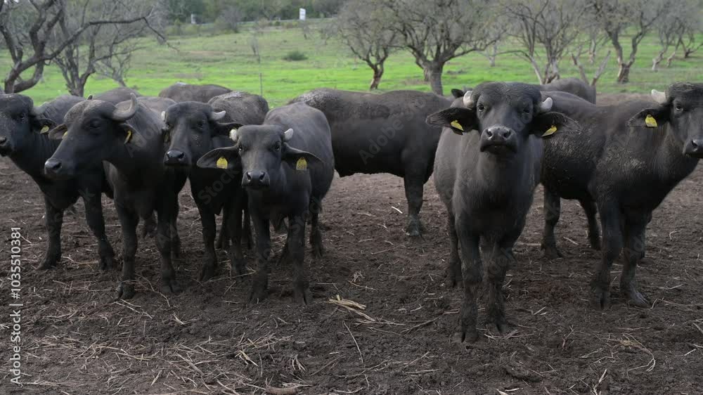 Group of water buffaloes standing in a muddy field, with two facing the camera, showcasing their horns and strong features in a natural, rural environment Group of water buffaloes standing in a muddy field, with two facing the camera, showcasing their horns and strong features in a natural, rural environment