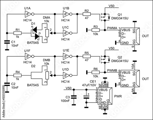 Schematic diagram of electronic device on white sheet of paper. Vector drawing electrical circuit with logic elements of 
integrated circuit,
diode, usb connector, capacitor, resistor, transistor