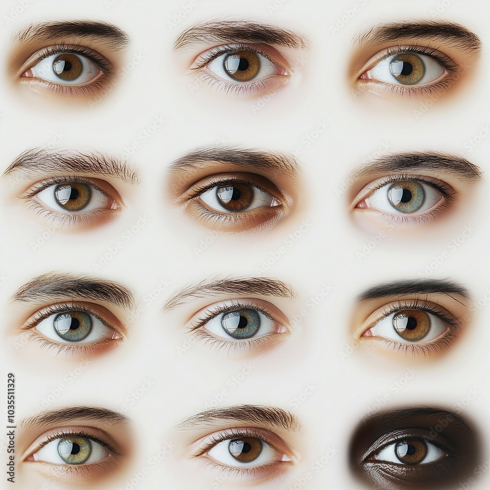 Fototapeta premium This artwork features a minimalistic arrangement of different human eyes, focusing on their unique colors, shapes, and expressions, celebrating diversity and individuality. Generative AI