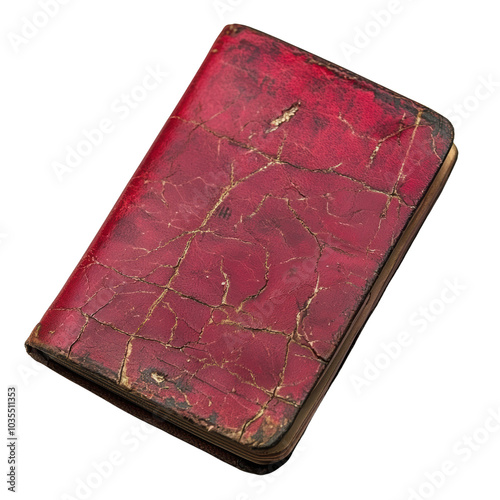 Old, worn red book with cracked cover and gold accents, isolated on white background.