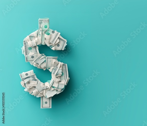 Dollar sign made of receipts and dollar bills against pastel teal background. 3D finance flat lay concept.