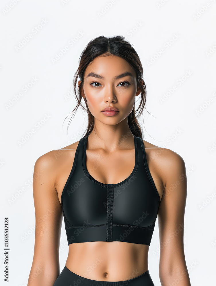 Confident asian fitness model posing on white background Confident asian fitness model posing on white background