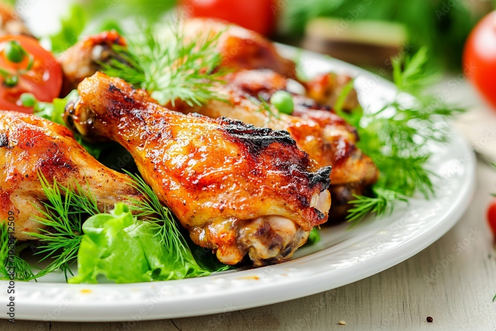 Grilled chicken wings with onion rings and parsley Grilled chicken wings with onion rings and parsley