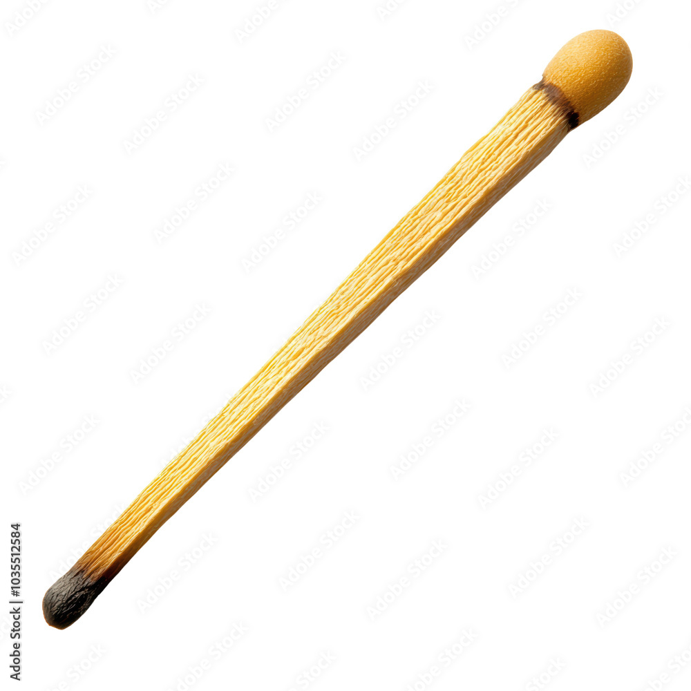 Single matchstick with yellow tip and wooden shaft, isolated on a white background. Single matchstick with yellow tip and wooden shaft, isolated on a white background.