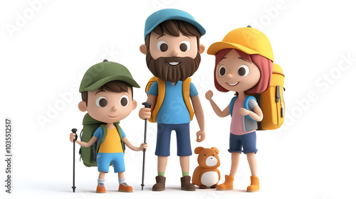 Family enjoying camping and hiking, 3D cartoon style, mountains in background.