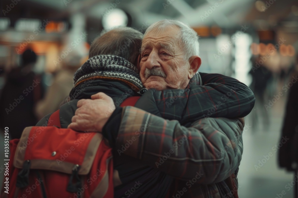 A poignant scene at an airport where a senior father greets his adult son with a tight hug A poignant scene at an airport where a senior father greets his adult son with a tight hug