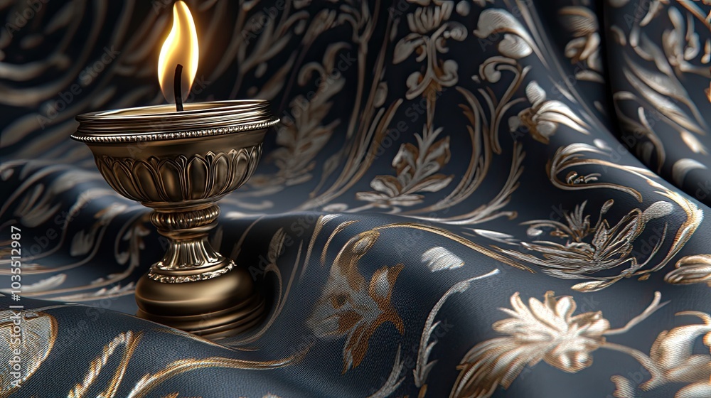 A golden oil lamp burns brightly atop an elegant fabric, creating a festive atmosphere for Diwali with intricate designs. A golden oil lamp burns brightly atop an elegant fabric, creating a festive atmosphere for Diwali with intricate designs.