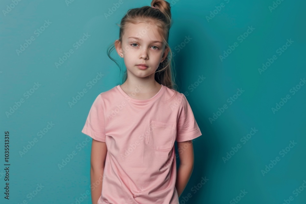 Portrait of a cute female little Caucasian child against blue background Portrait of a cute female little Caucasian child against blue background