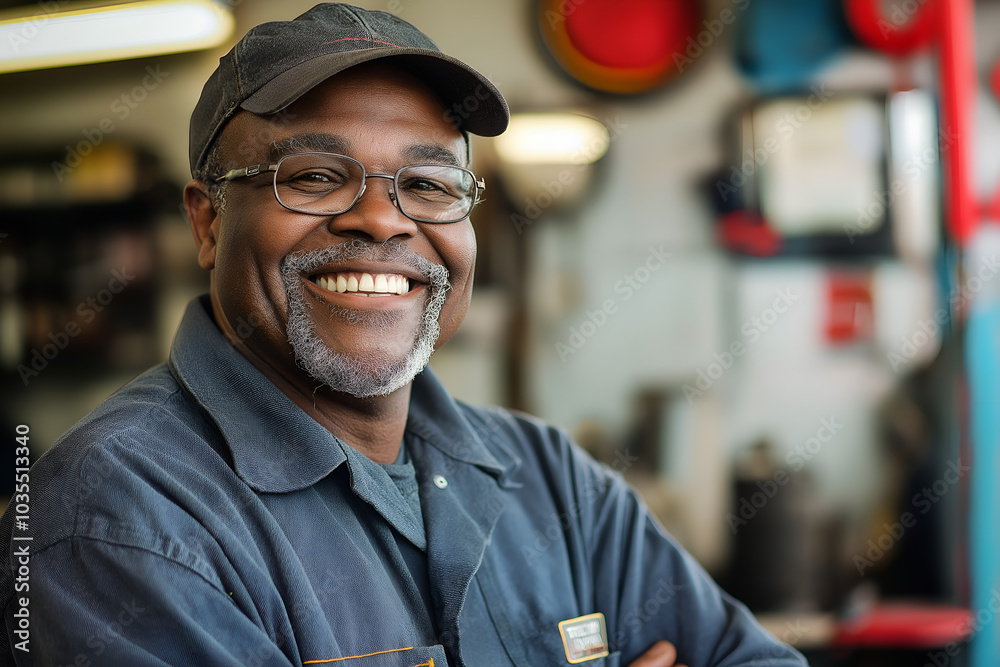 A smiling African American mechanic in a brightly lit auto repair shop, People photography A smiling African American mechanic in a brightly lit auto repair shop, People photography
