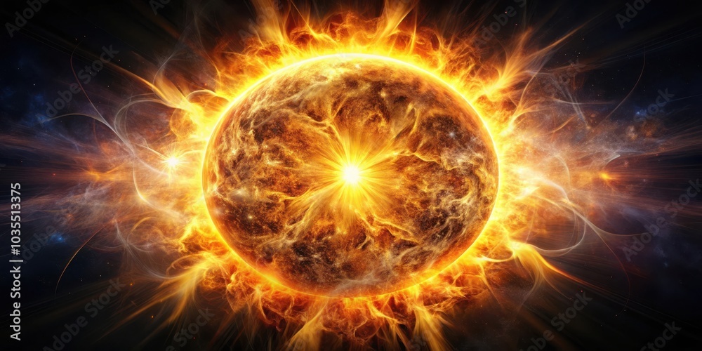 Obraz premium A blazing celestial sphere erupts with fiery energy, casting streaks of light across the cosmos.