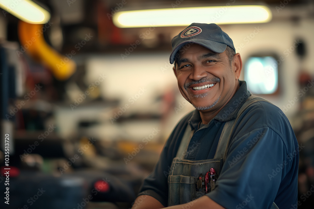 A smiling mechanic in a brightly lit auto repair shop, People photography A smiling mechanic in a brightly lit auto repair shop, People photography