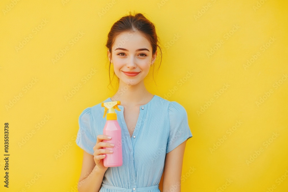 Young woman holding pink spray bottle against yellow background Young woman holding pink spray bottle against yellow background