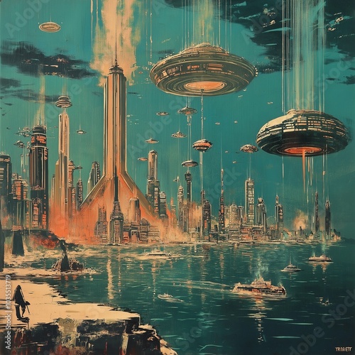 Underwater cities flourish with impressive buildings and advanced technology, illuminated by colorful lights. Hovering spacecraft traverse the sky above the bustling metropolis. Generative AI #1035513719