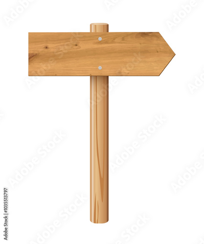 3d wooden signboard vector illustration. Realistic wood sign post. Blank arrow with wood texture, plywood road pointer. City guidance.
