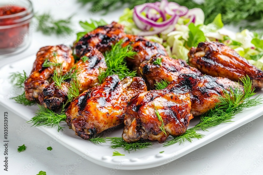Grilled chicken wings with onion rings and parsley Grilled chicken wings with onion rings and parsley