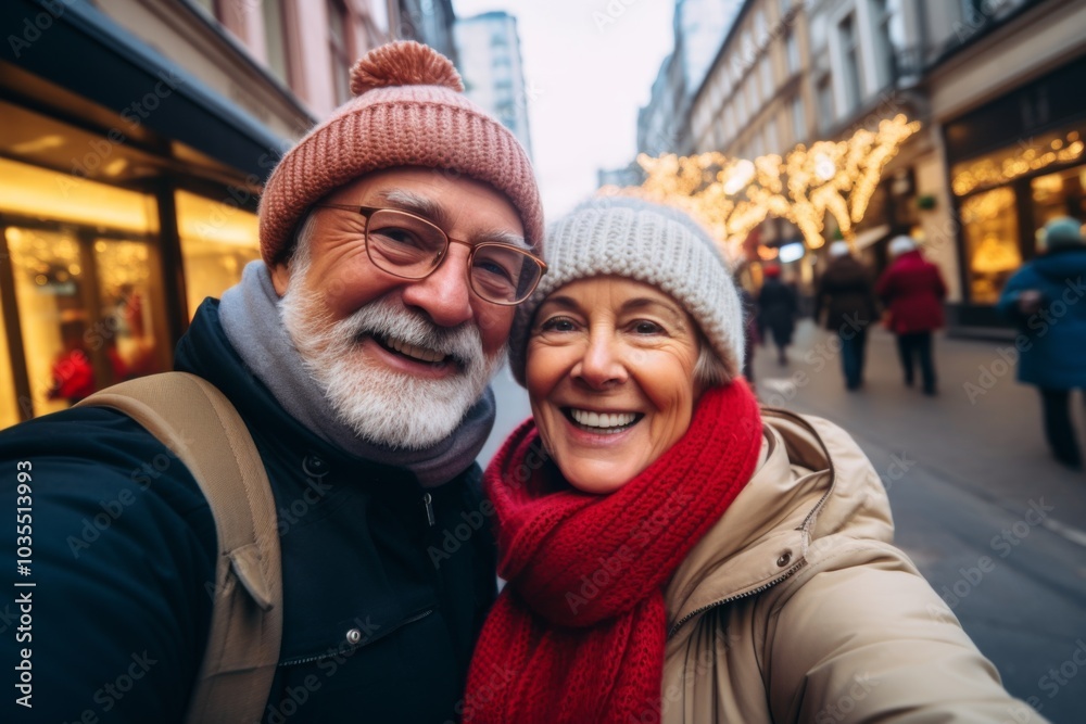 Close up of senior couple taking selfie in city Close up of senior couple taking selfie in city