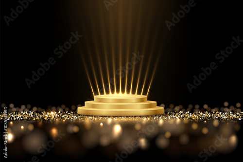Golden award podium. Empty gold three-level stage with glowing light rays on glitter floor. Luxury product presentation, glamour design beauty industry. Vector illustration on black.