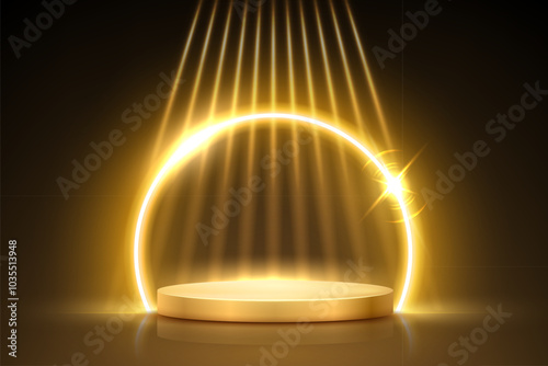 Gold award podium vector illustration. Abstract empty 3d golden stage with neon glowing round frame and light rays on black background. Luxury product presentation, glamour design, winner ceremony.