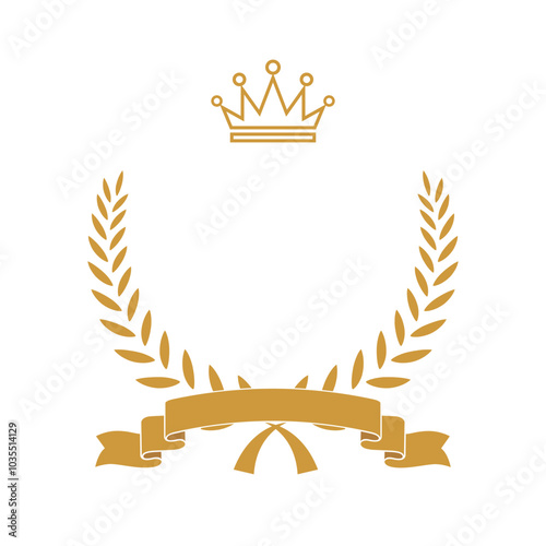 Gold award laurel wreath with ribbon, crown and empty place for name of winner. Champion reward vector illustration. Prize for awarding ceremony or best player. Quality certified icon.