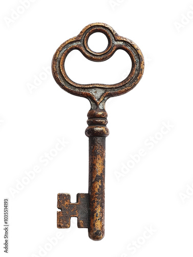 Vintage key with intricate design, isolated on white background.