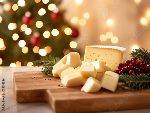 Festive Christmas cheese board with sliced cheese, pine sprigs, and fairy lights on a wooden tray, perfect for holiday celebrations and gatherings. photo