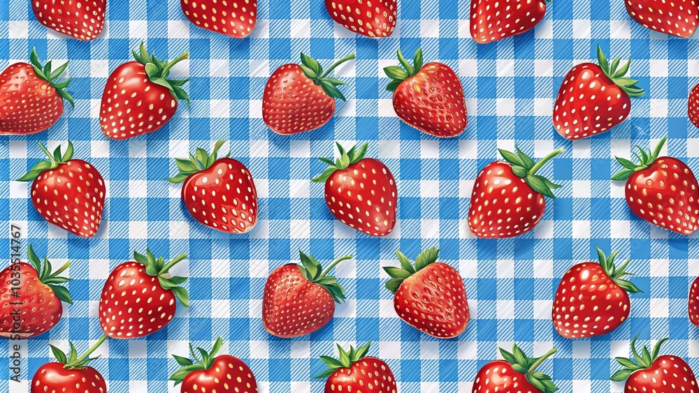 Retro Chic Strawberry Pattern on Gingham for Home Decor and Bakery Design Retro Chic Strawberry Pattern on Gingham for Home Decor and Bakery Design
