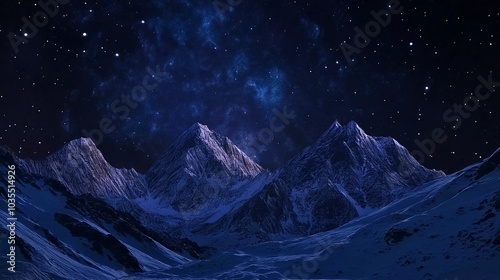 A breathtaking display of a starry night sky over a tranquil mountain range, where snow adorns the peaks and creates a serene atmosphere. Generative AI