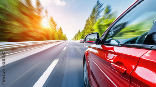 Red car speeding on a highway with motion blur