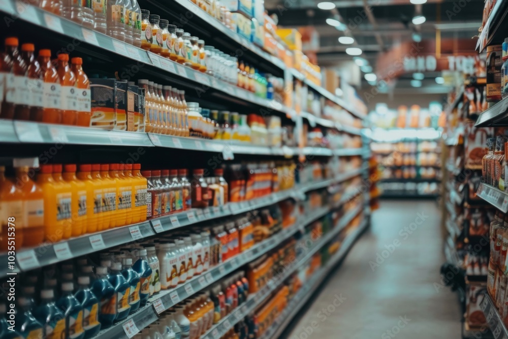 Long and bring supermarket aisle showcasing a wide selection of groceries