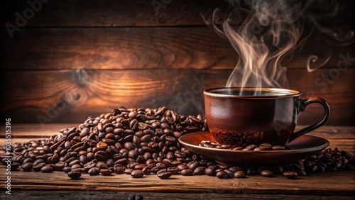 A steaming cup of coffee sits atop a bed of roasted coffee beans, ready to deliver a comforting and invigorating experience.
