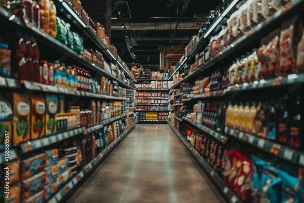 Long and bring supermarket aisle showcasing a wide selection of groceries Long and bring supermarket aisle showcasing a wide selection of groceries