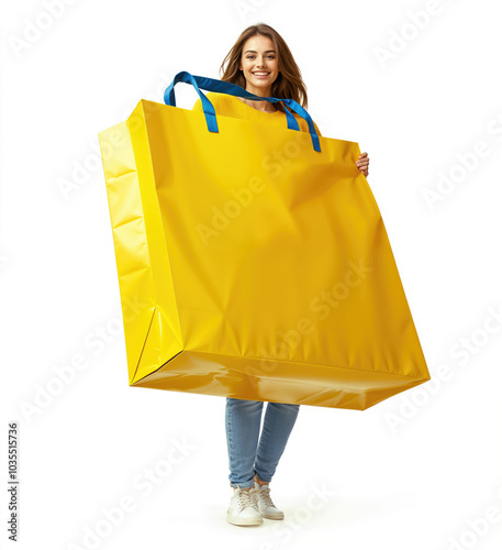 Happy woman holding huge shopping bag on white background photo