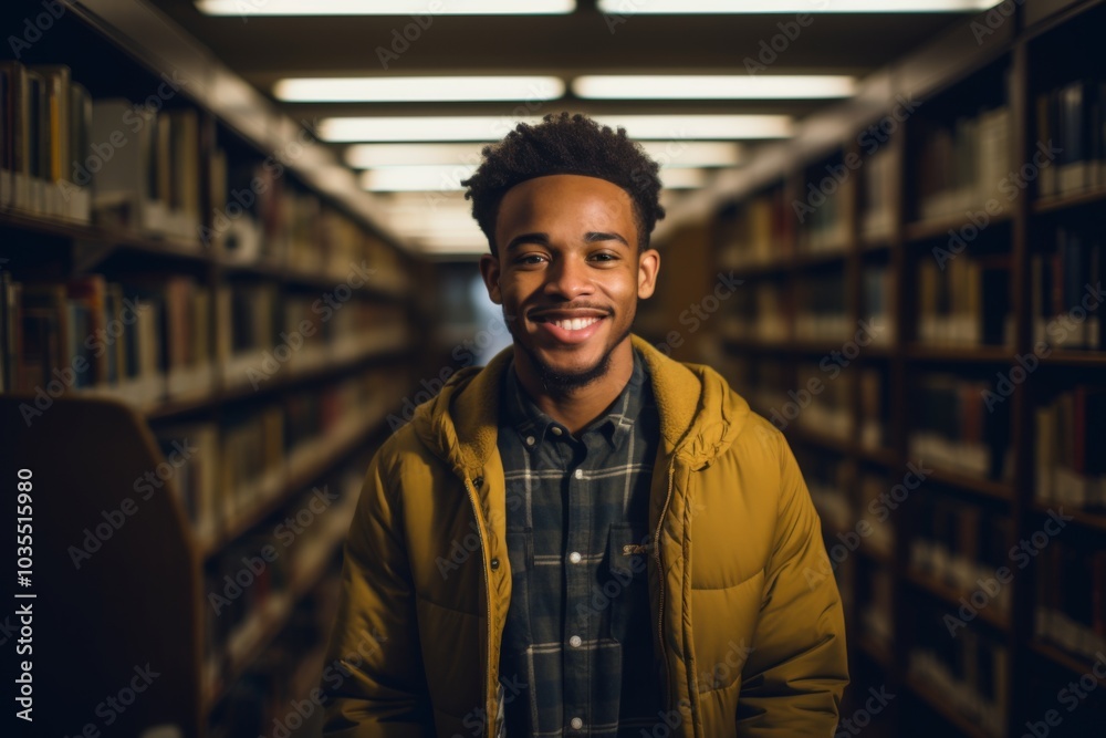 Portrait of a African American male student in library Portrait of a African American male student in library