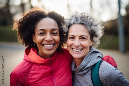 Portrait of a two active multiracial senior friends in park