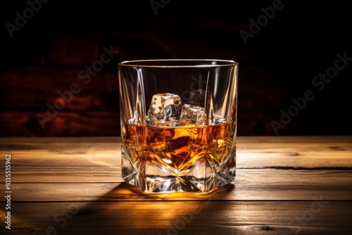 Glass of whiskey on the wooden table