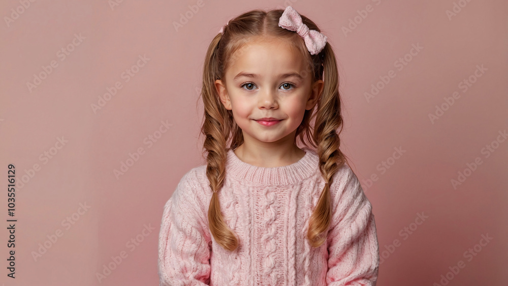 A young girl with twin pigtails and a bow smiles brightly, wearing a pink sweater with a plain pink background. A young girl with twin pigtails and a bow smiles brightly, wearing a pink sweater with a plain pink background.