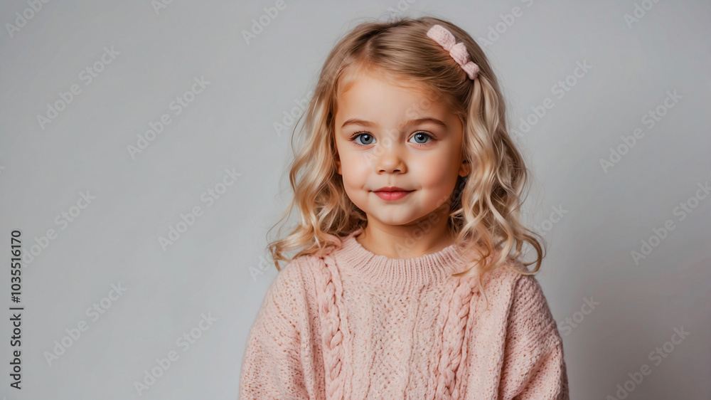 A young girl with curls and a pink bow wears a knitted pink sweater, posing sweetly against a plain gray backdrop. A young girl with curls and a pink bow wears a knitted pink sweater, posing sweetly against a plain gray backdrop.