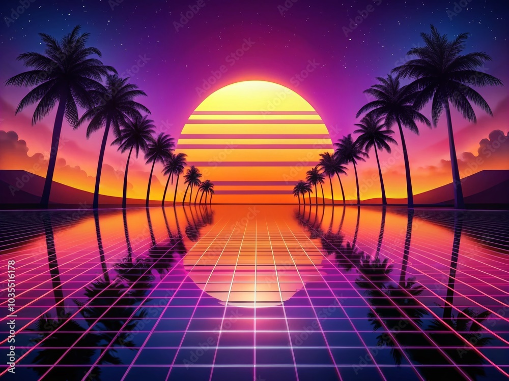 Fototapeta premium Retro Synthwave Landscape with Palms and Sunset for Futuristic Vibes