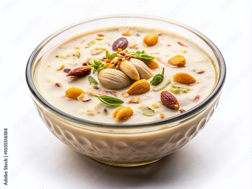 Rich and Creamy Kheer with Crunchy Nuts on Isolated Transparent Background - Delicious Indian Dessert Rich and Creamy Kheer with Crunchy Nuts on Isolated Transparent Background - Delicious Indian Dessert