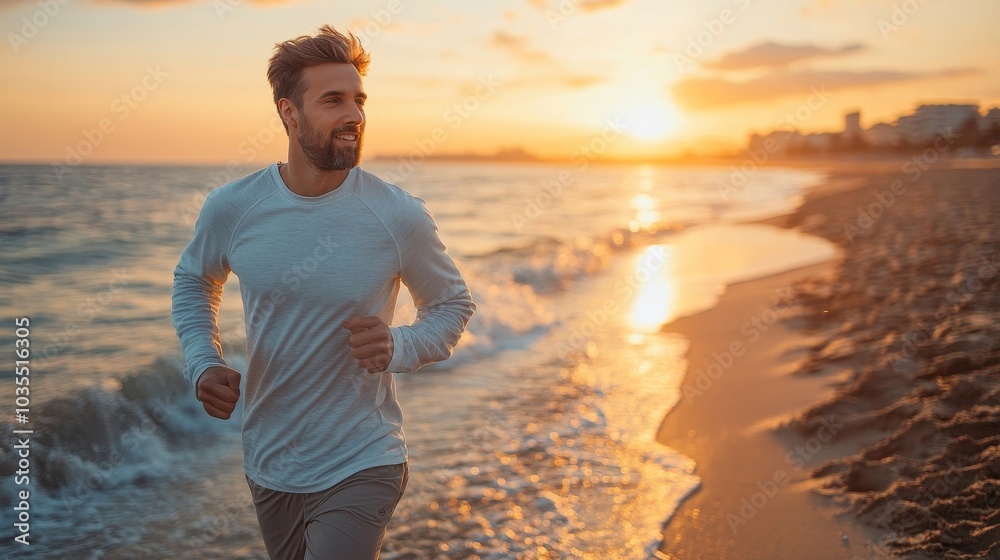 Healthy man jogging along the sea shore, Generative AI Healthy man jogging along the sea shore, Generative AI