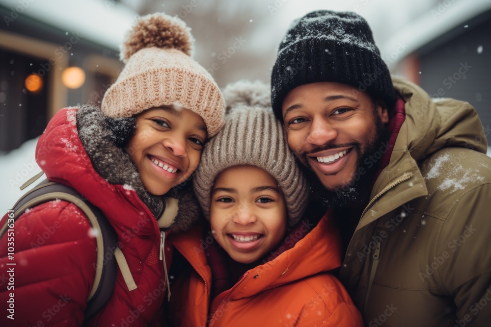 Portrait of a African American family smiling in front of house during snowfall Portrait of a African American family smiling in front of house during snowfall