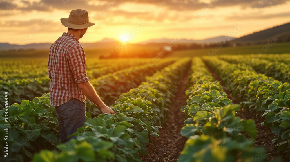 Fototapeta premium Farmer walking through crops at sunset checking growth in field