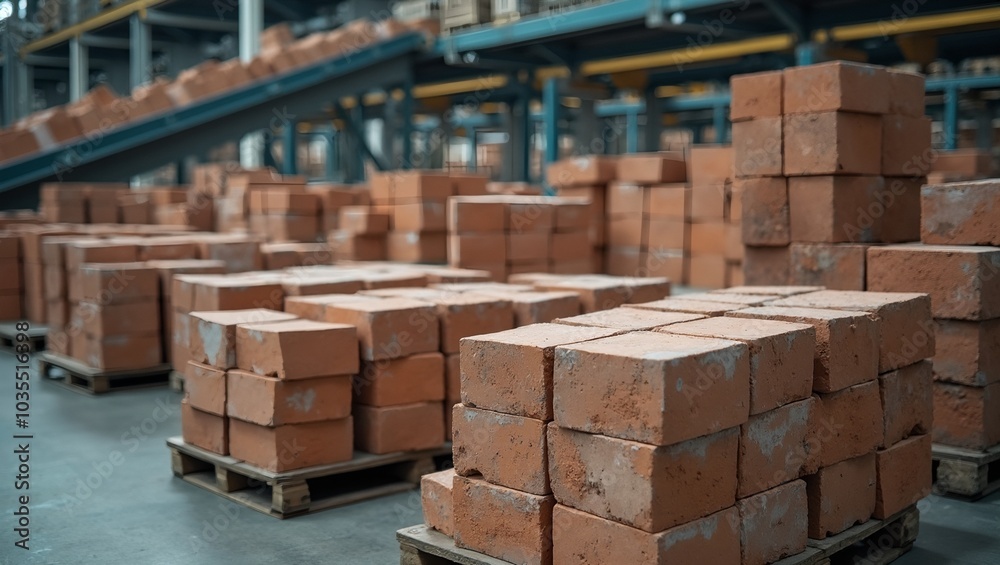 Neatly stacked industrial bricks on pallets in warehouse with conveyor belts Neatly stacked industrial bricks on pallets in warehouse with conveyor belts