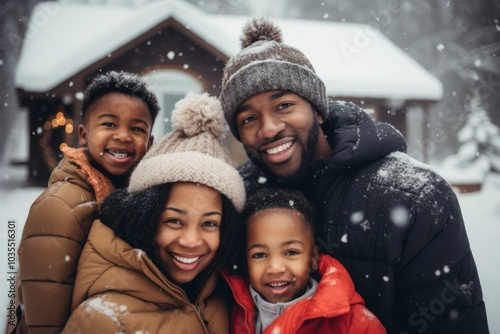 Portrait of a African American family smiling in front of house during snowfall