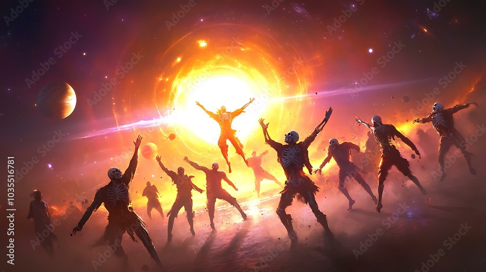 A group of skeletons dancing in a cosmic setting with planets, nebulae, and stars surrounding them A group of skeletons dancing in a cosmic setting with planets, nebulae, and stars surrounding them