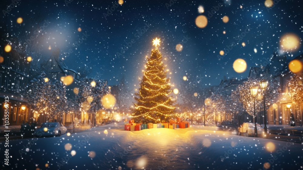 Beautiful Christmas tree in snowing winter in street in city.