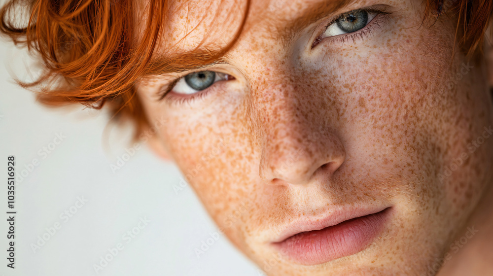 Obraz premium A close-up portrait of a person with freckles, emphasizing natural beauty and facial features.